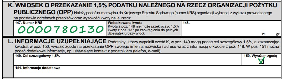 Fragment formularza PIT: wniosek o przekazanie 1,5% podatku z wpisanym numerem KRS 0000780130 oraz pole Informacje uzupełniające